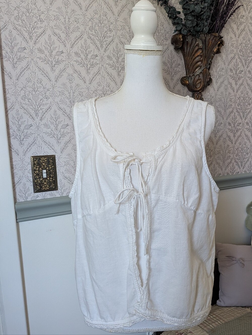Lucky Brand XL Cotton Linen Blend Boho Tie Front Sleeveless Top Cream